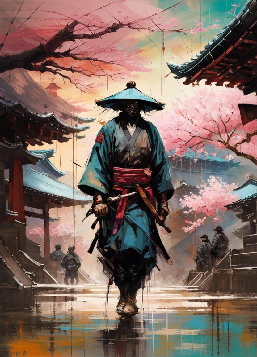 Samurai Warrior Under Sakura with Mount Fuji