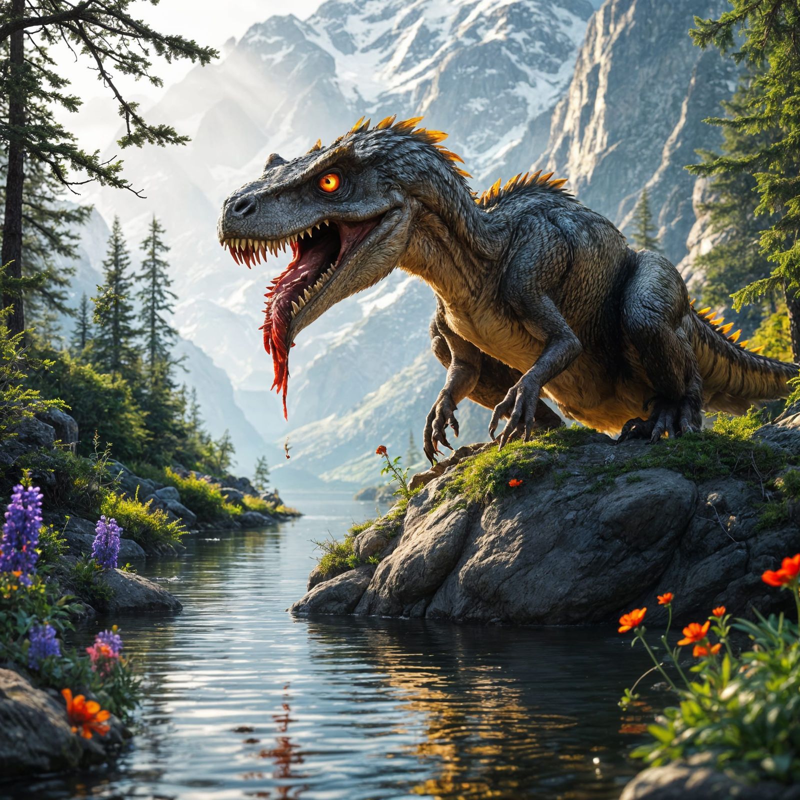 Velociraptor Hunts by Mountain River in Fantasy Concept Art ...