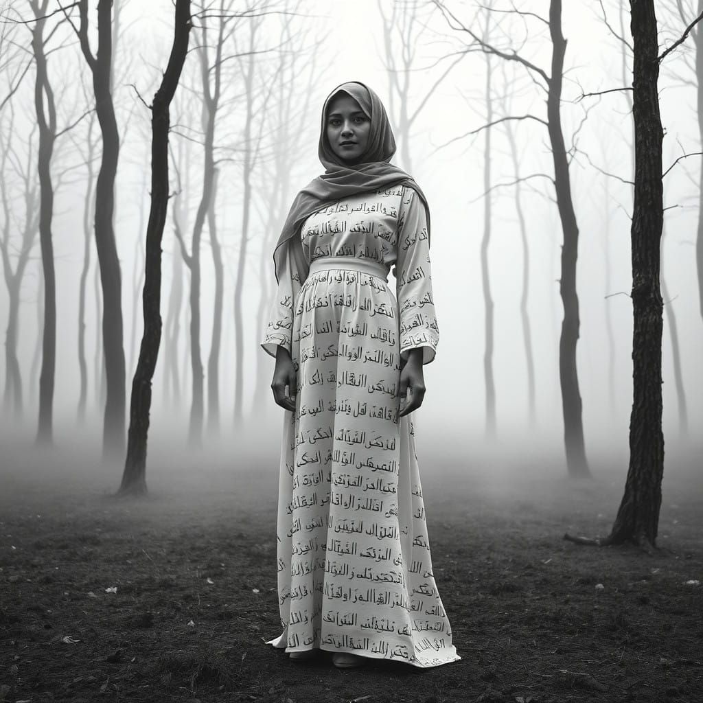 Mysterious Arab Woman in Black and White Forest Landscape