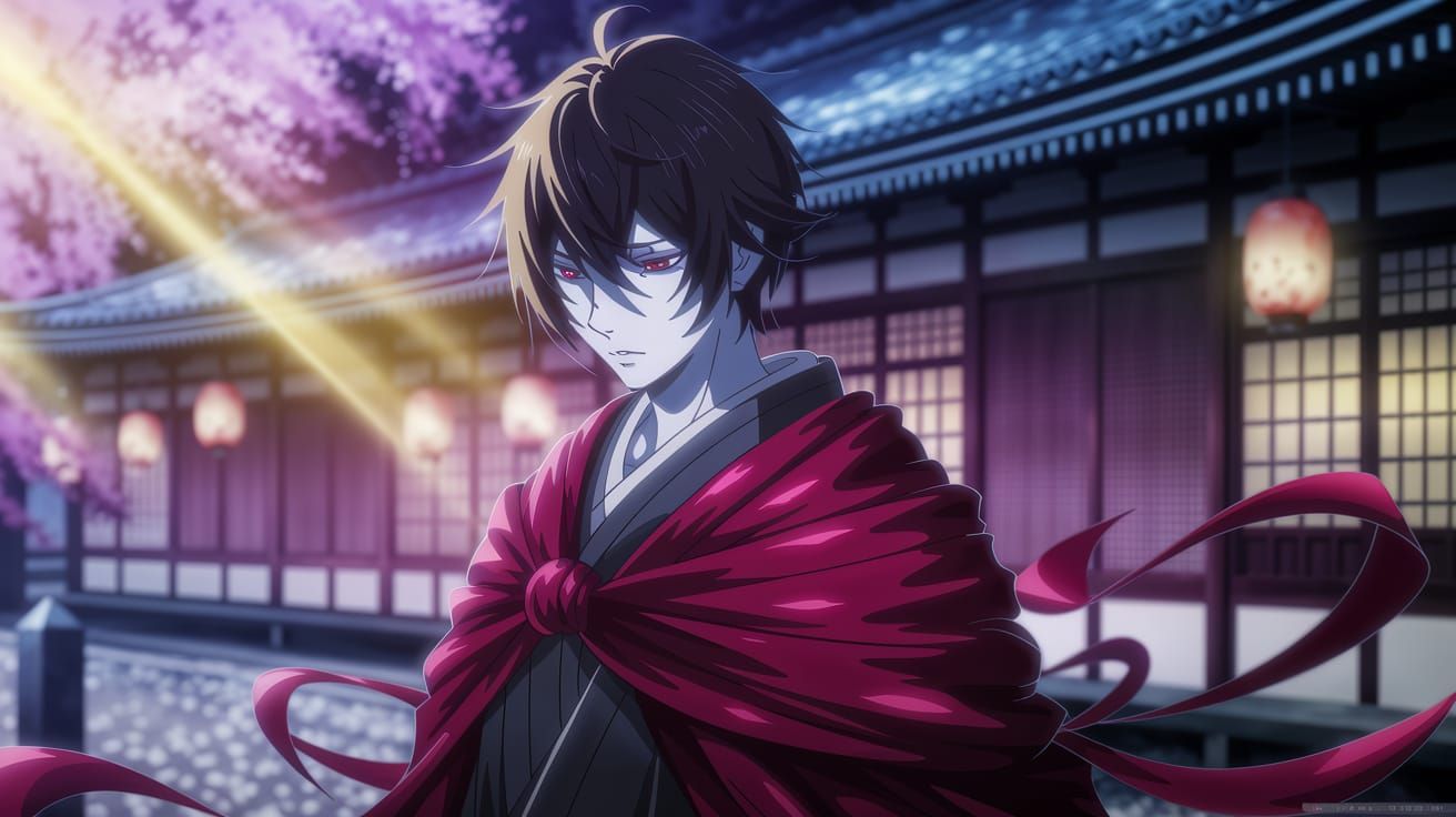 Mysterious Anime Figure in Crimson Amidst Japanese Gardens