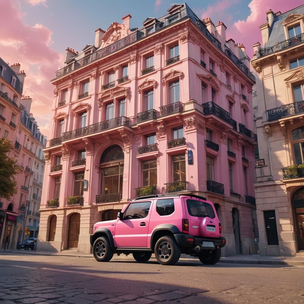Pink Suzuki Jimny in Paris: Vibrant Oil Painting