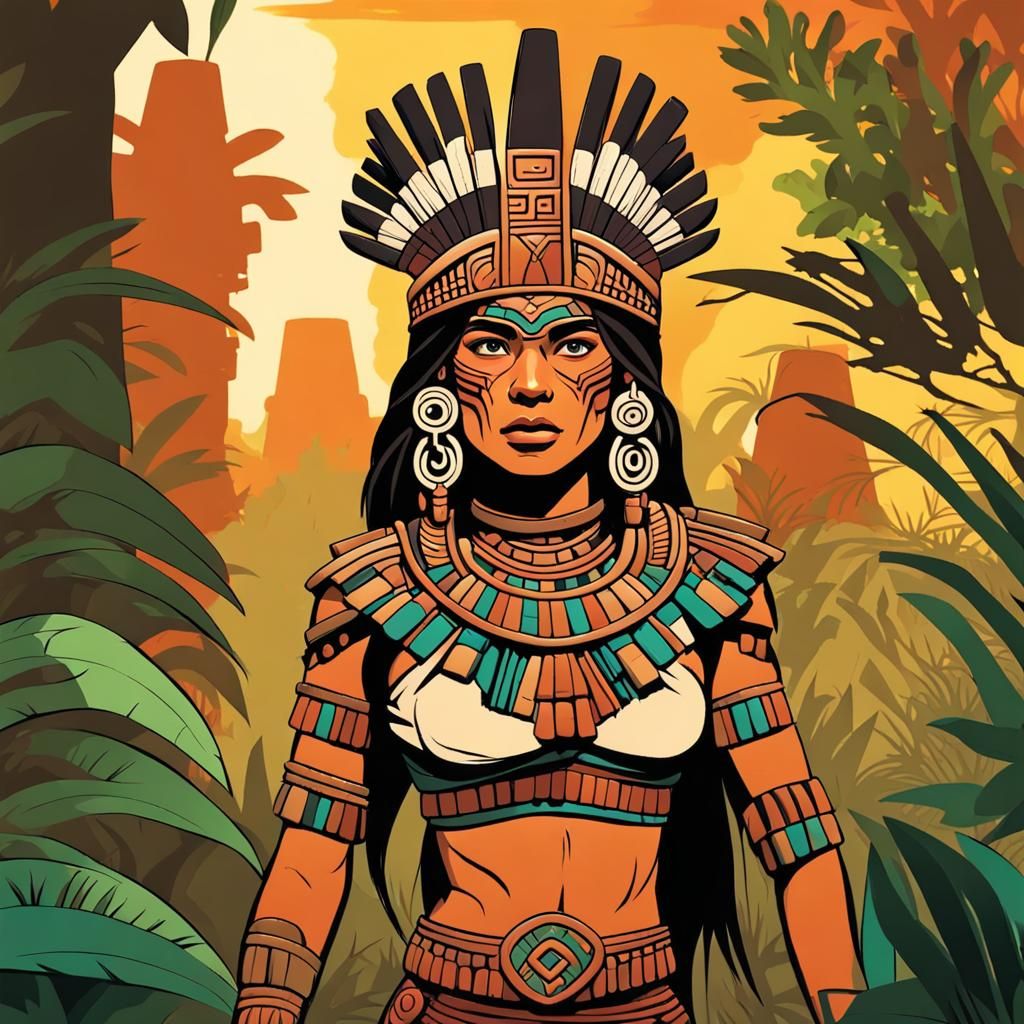 Female Aztec Warrior in Jungle Ruins