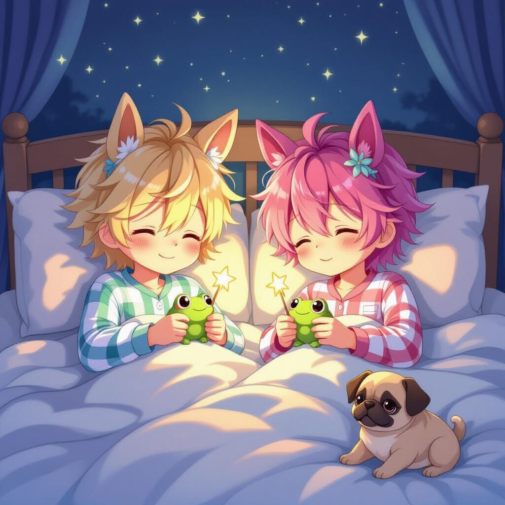 Anime Boys with Horse Ears and Frogs in Cozy Bed