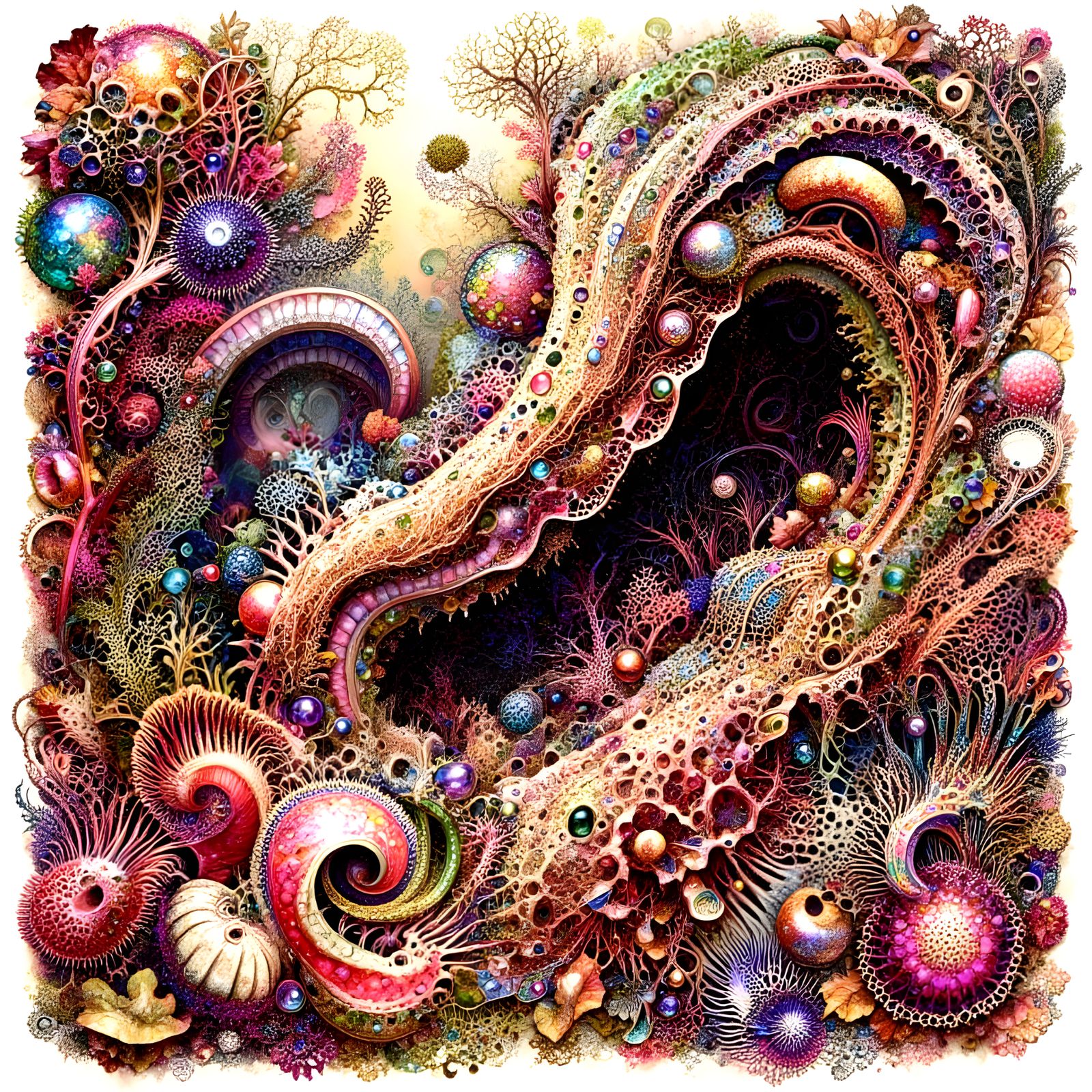 Intricate Botanical Creature Mother and Baby Drawing