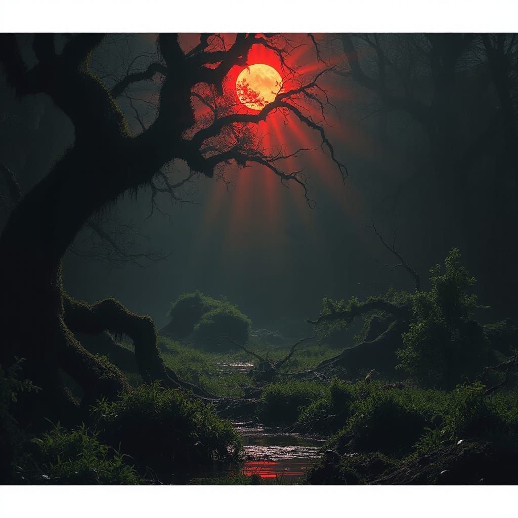 Dark Swamp Under Crimson Sun
