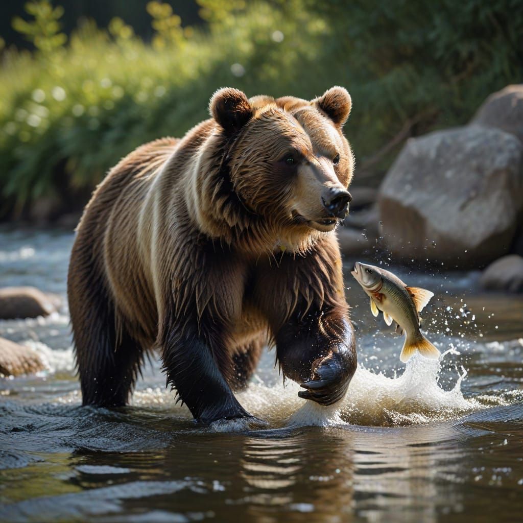 Bear Catches Fish in River with Professional Photography
