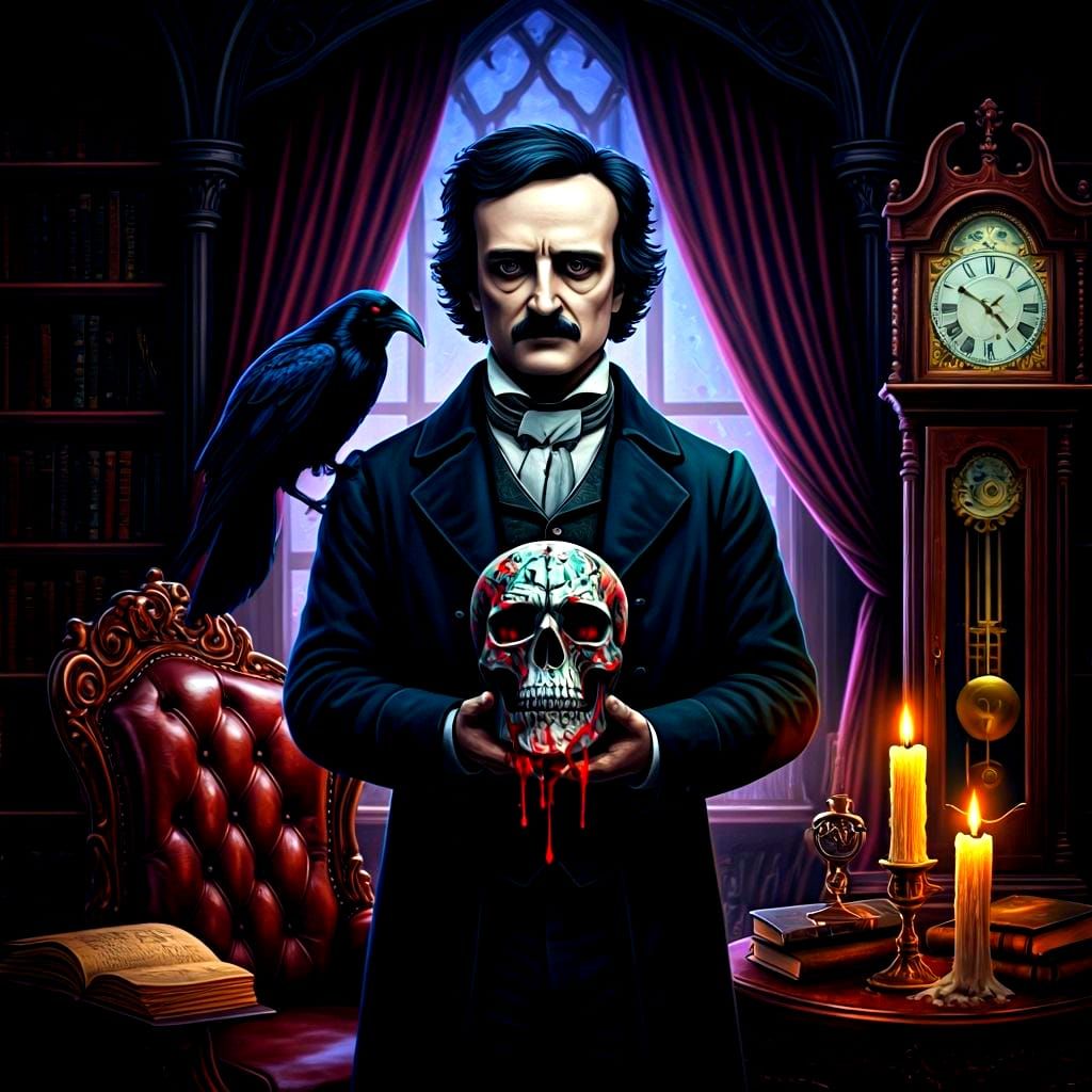 Gothic Edgar Allan Poe in Surreal Library