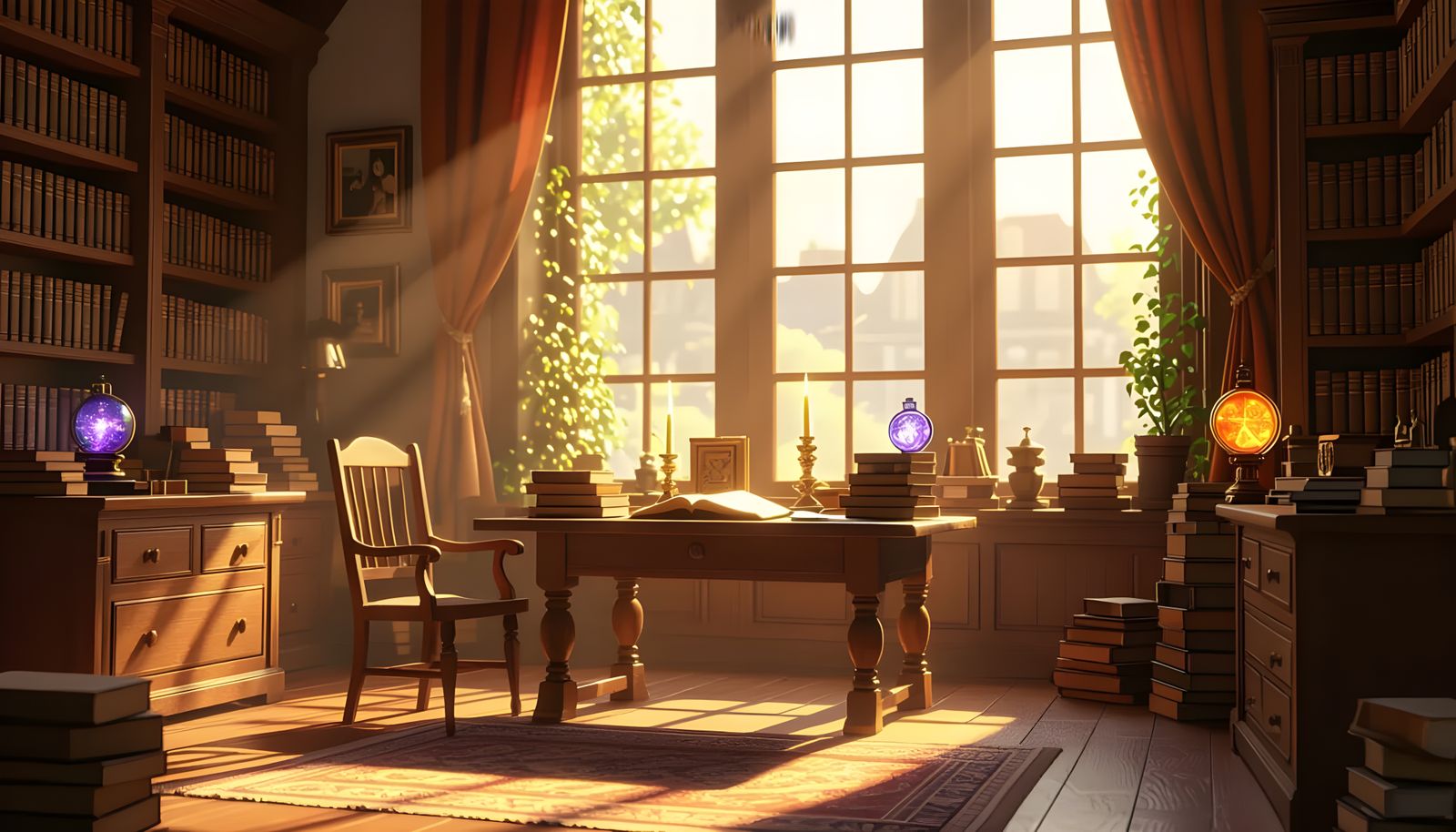 Magical Room with Sunlit Desk and Books