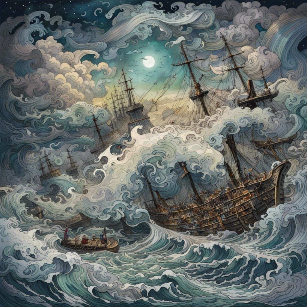 Chaotic Shipwreck in Winter Ocean: Watercolor Art