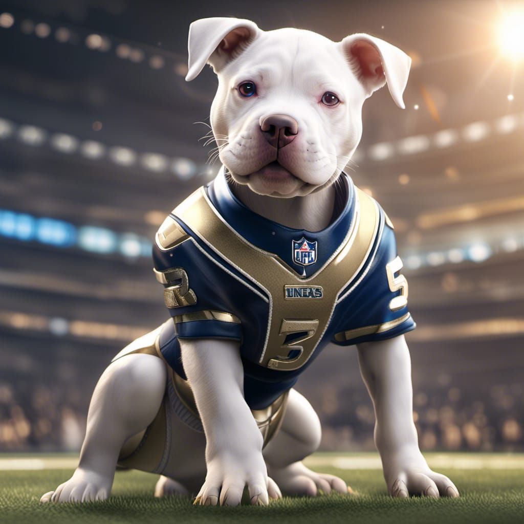 Pitbull Puppy in NFL Uniform: Futuristic 8K Render