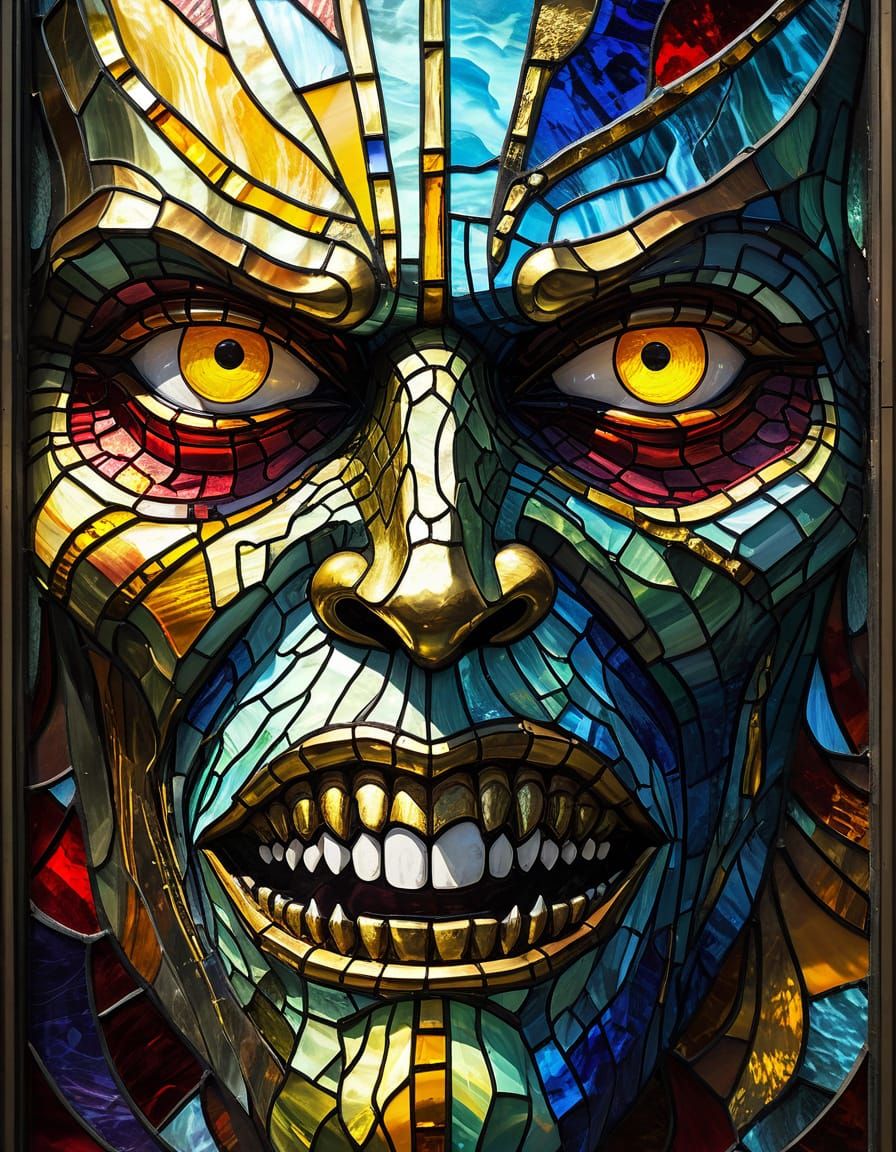 Vibrant Stained Glass Monster Portrayal in Impressionist Sty...