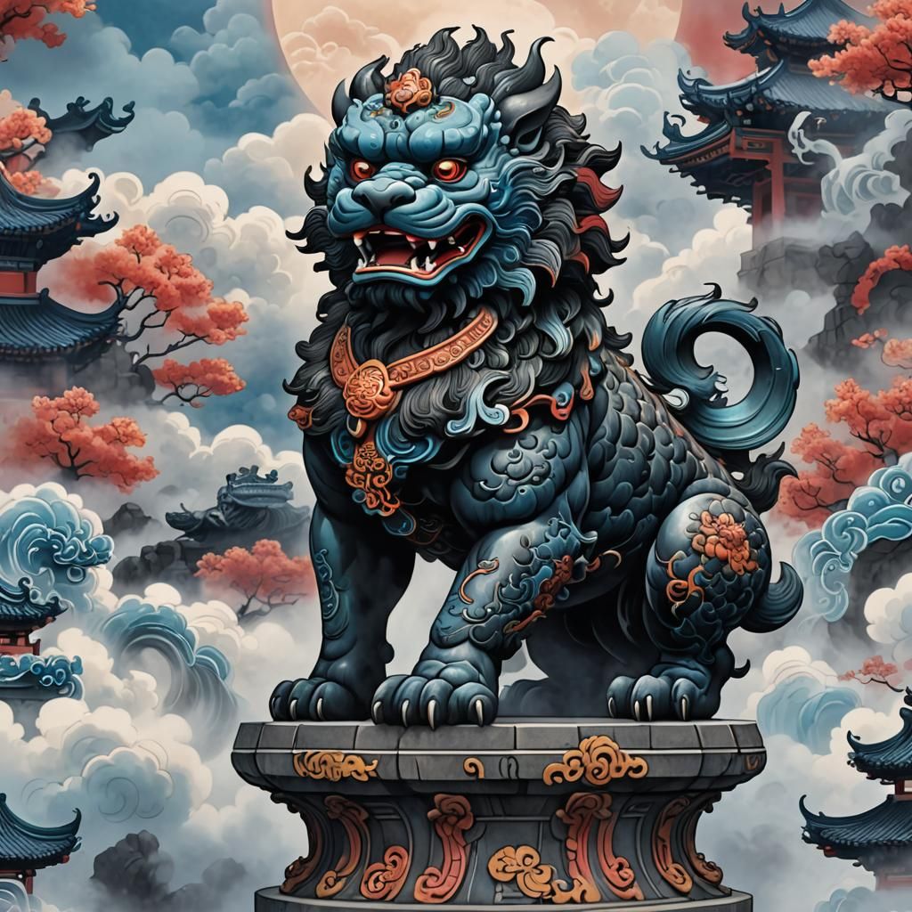 Cel-Shaded Black Foo Dog in Anime Style