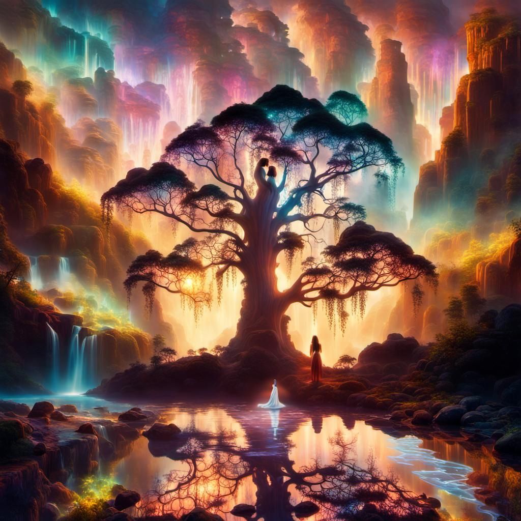 Futuristic Fantasy Waterfall in Double Exposure Style