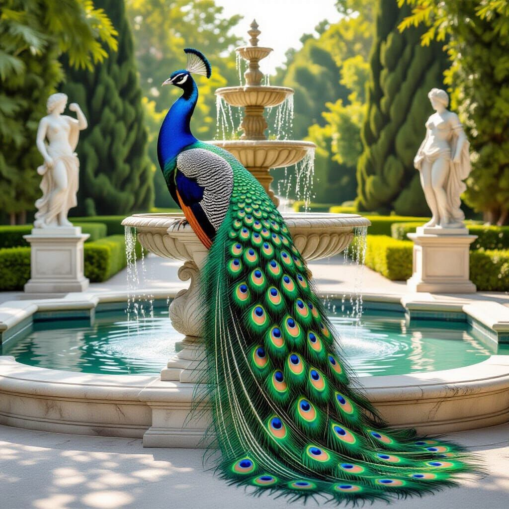 Regal Peacock as Greek Goddess Beside Classical Fountain
