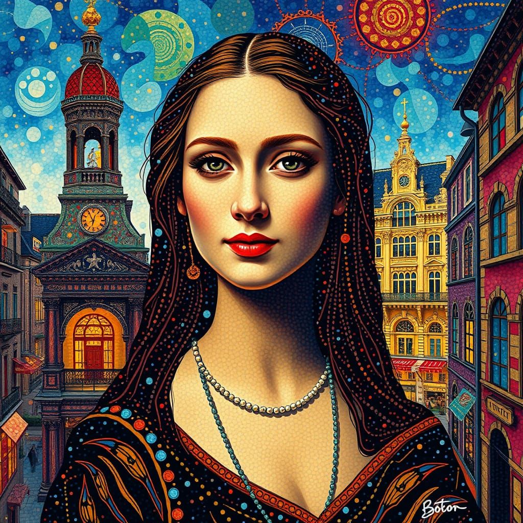 Pointillism Portrait of an Enigmatic Woman in Vibrant Urban ...