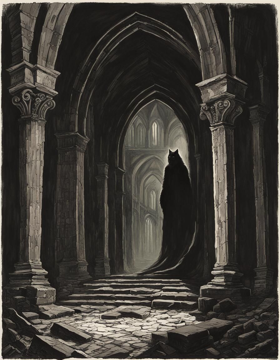 Werewolf in Cathedral Ruins: Noir Lithograph