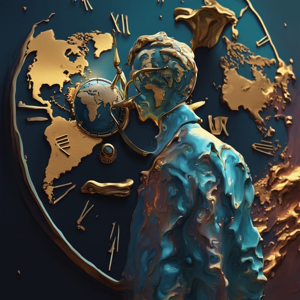 Surreal World Map with Melting Clock
