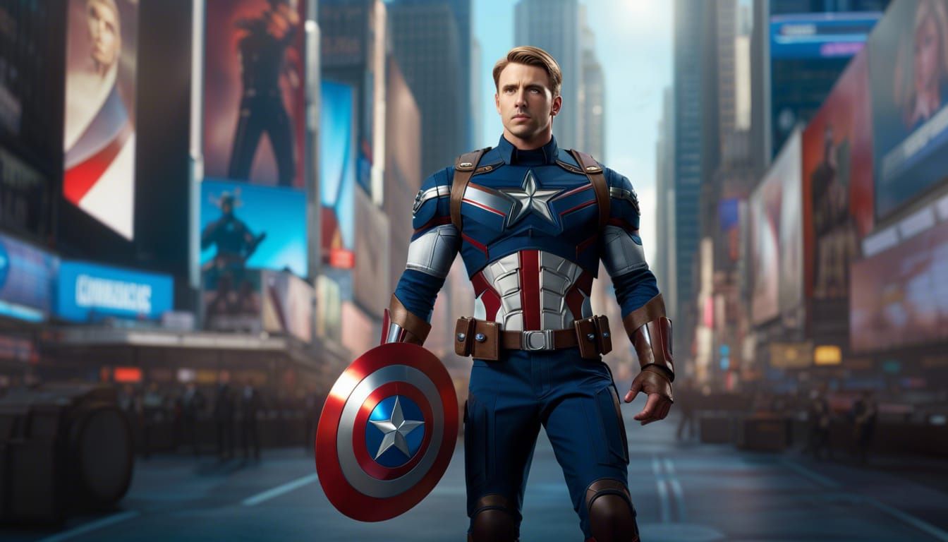 MidJourney Prompt Format Style: 3D rendering, young Marvel Cinematic Universe, Captain America Steve Rogers, Times Squar...