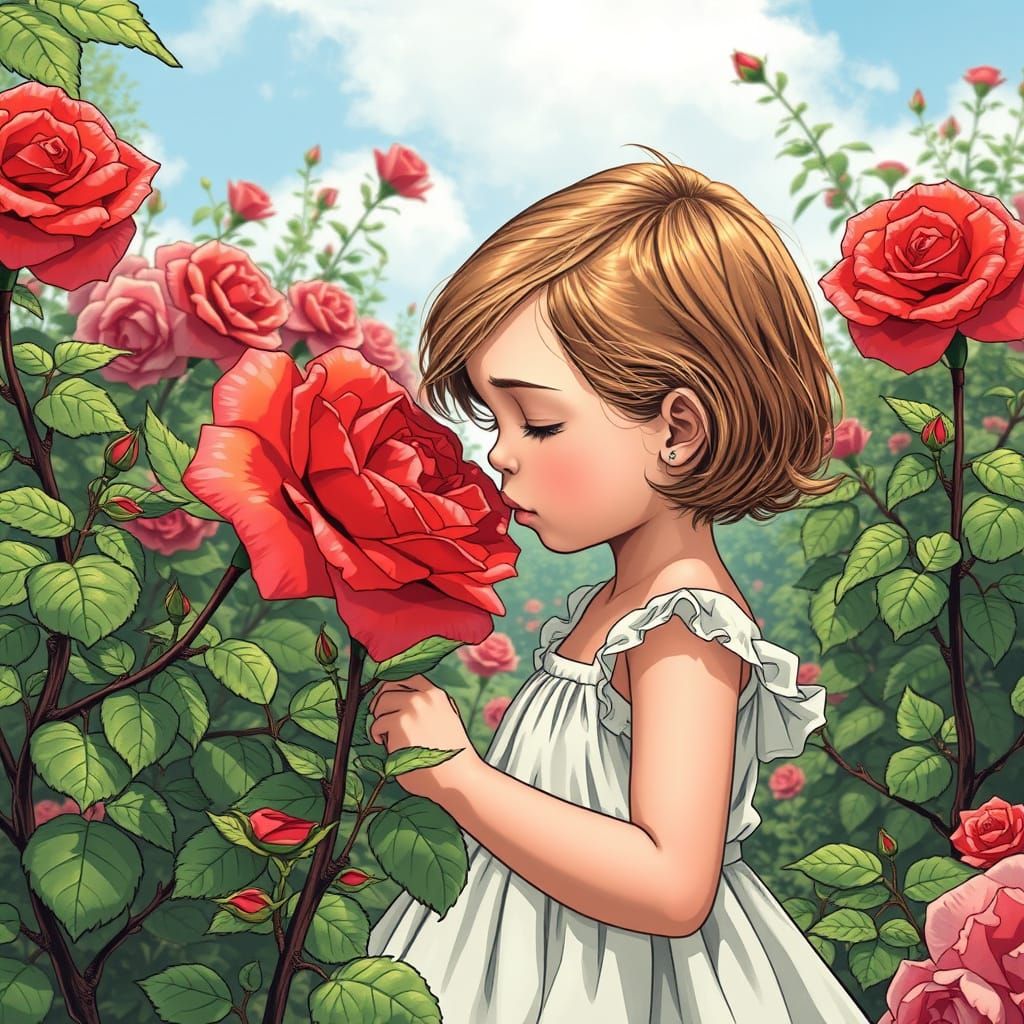 Girl Smelling Rose in Hyperrealistic Comic Book Style