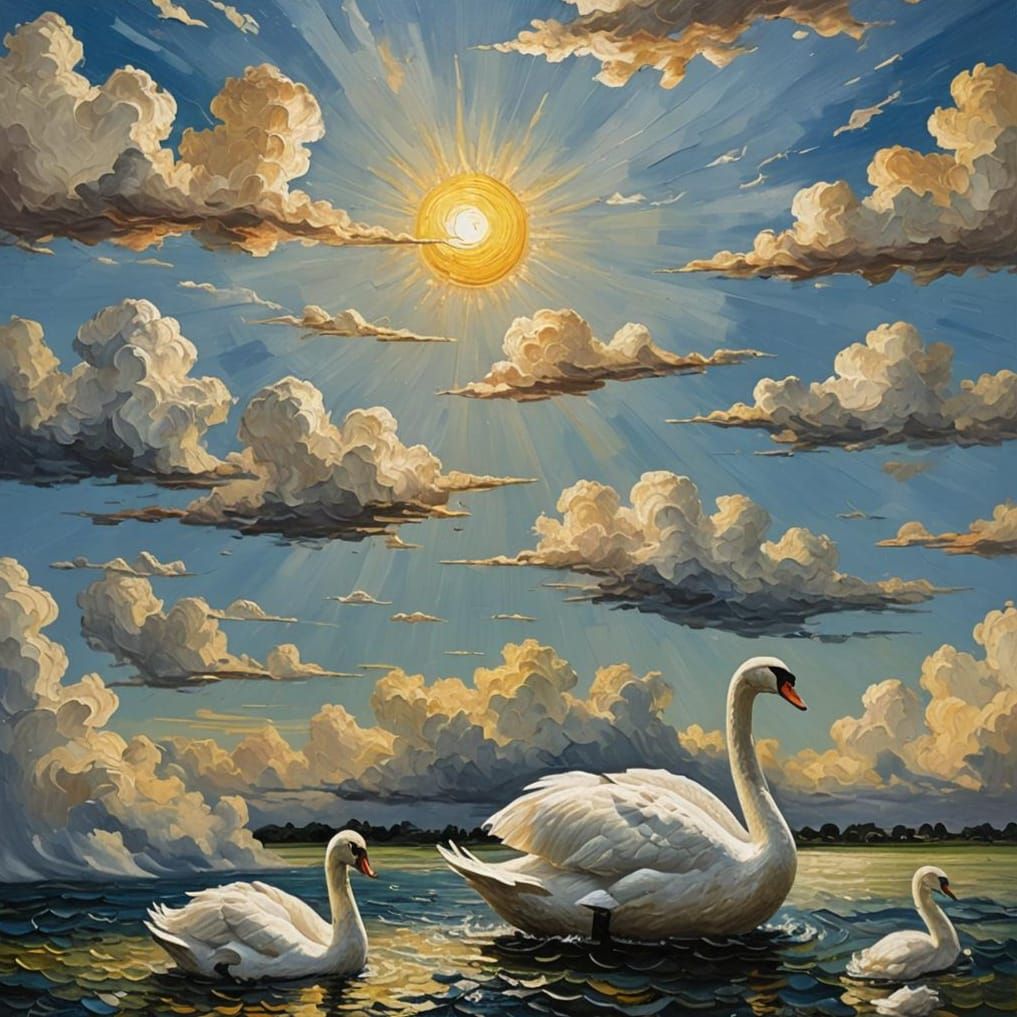 Swans in Impasto Style with Sunlit Clouds