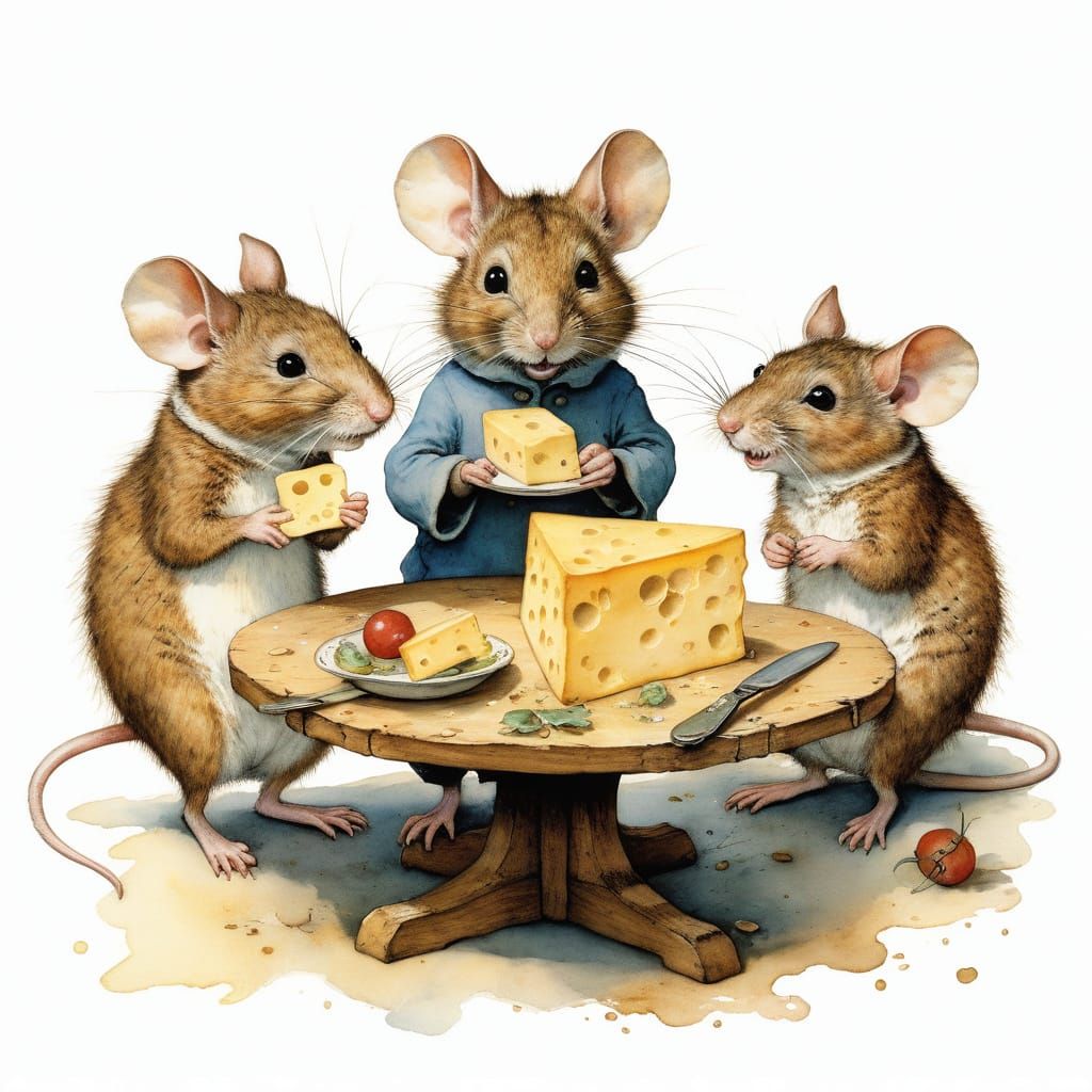 Whimsical Mice Enjoying Cheese in a Cozy Setting