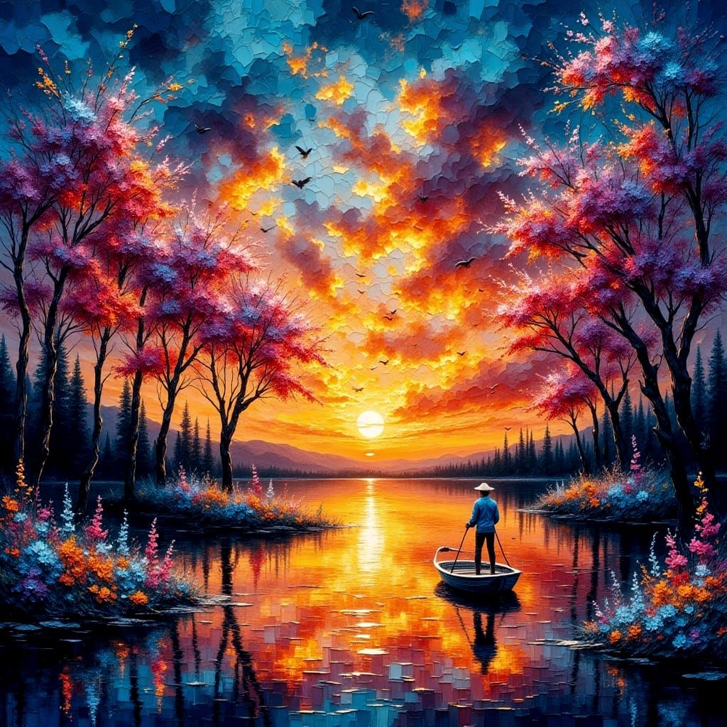 Summer Sunset Water Impasto Painting