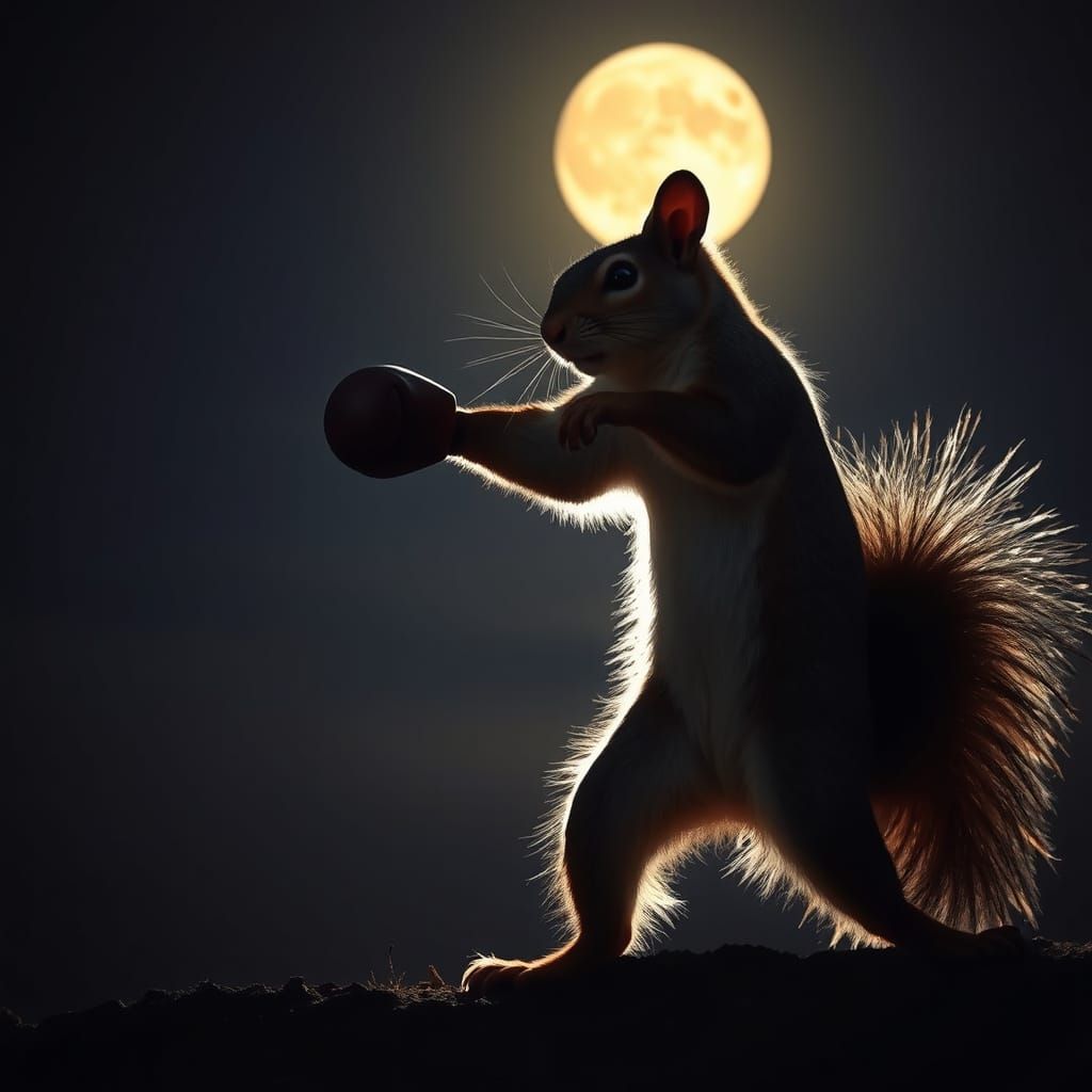 Squirrel Kickboxer Backlit by the Moon