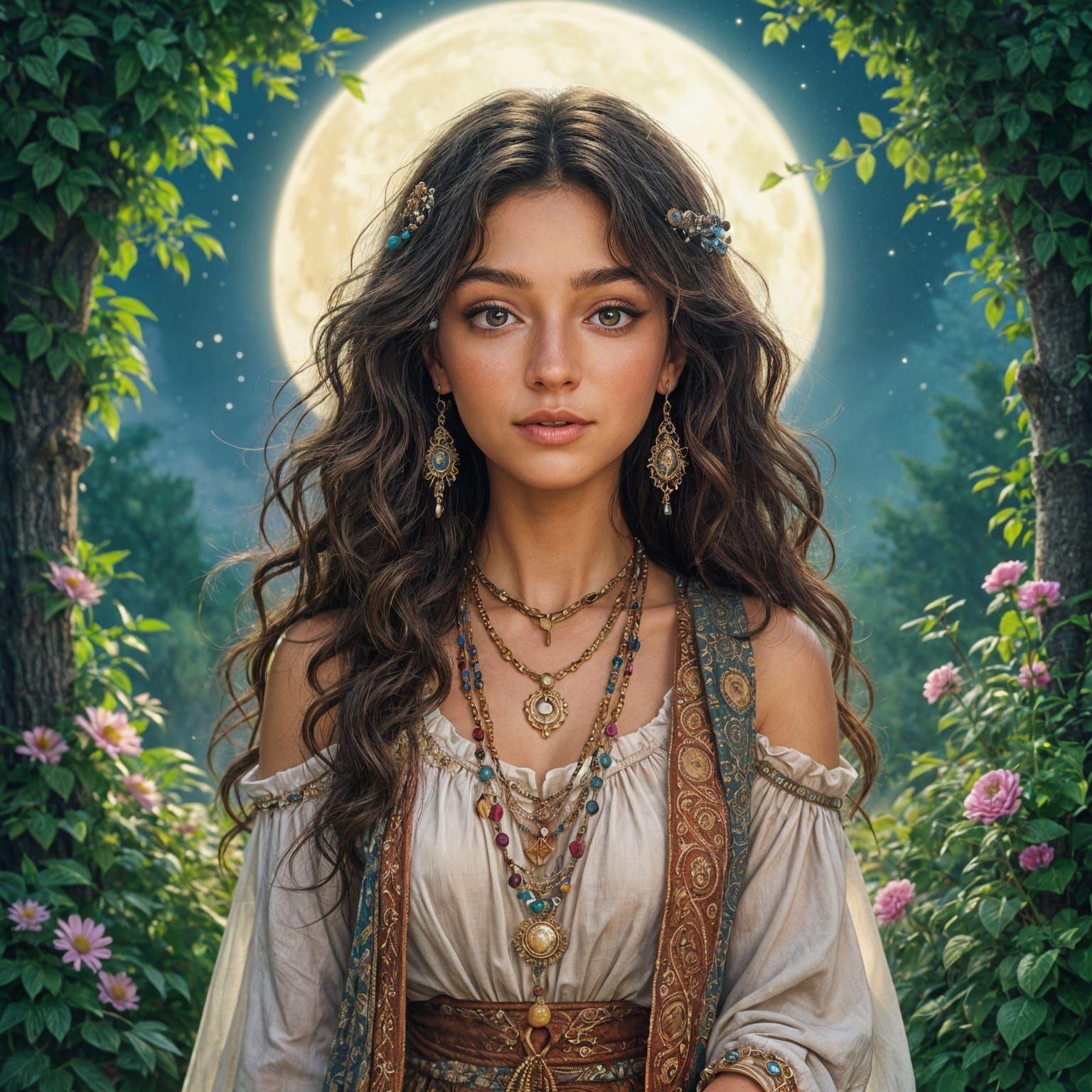 Bohemian Woman in Moonlit Garden
