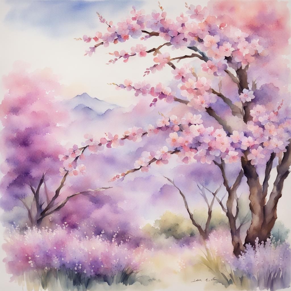 Asian-Style Cherry Blossoms and Lilacs in Watercolor