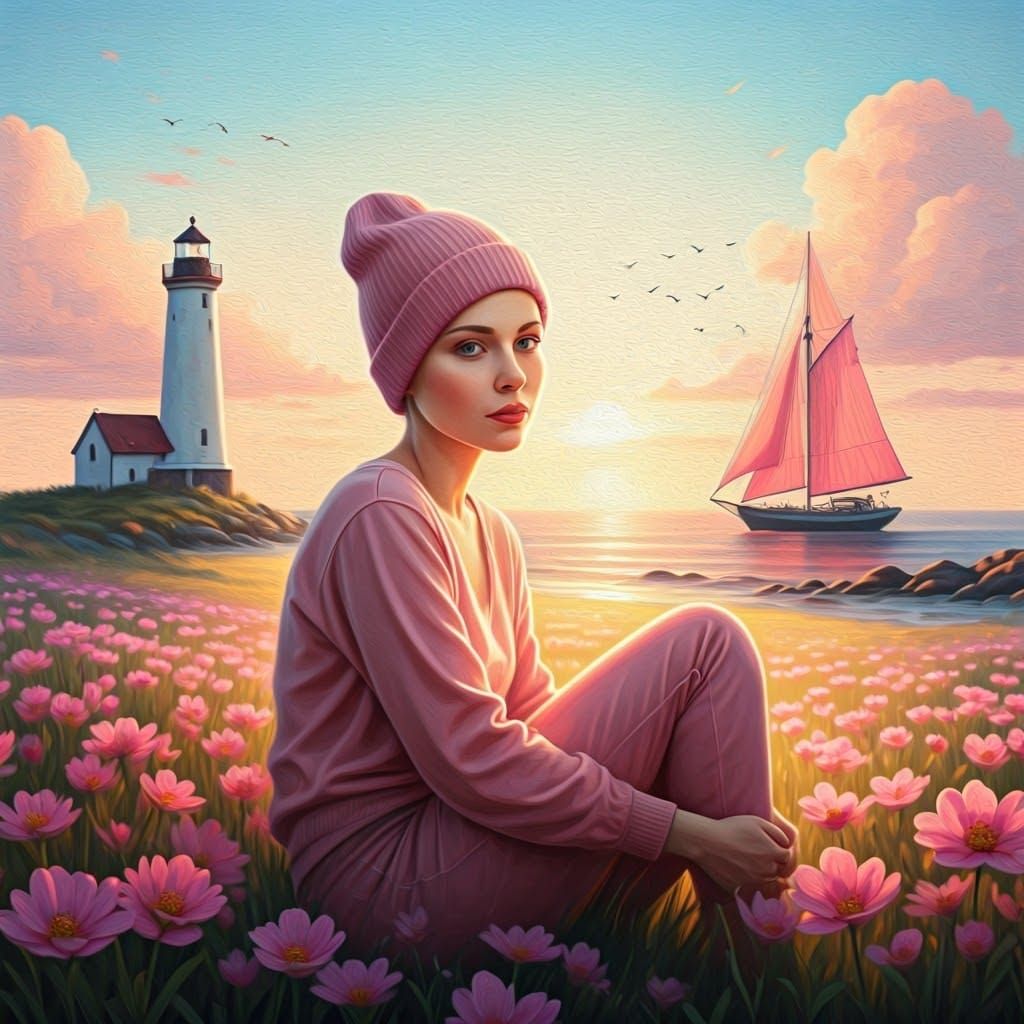 Woman in Pink Beanie in Flower Field Painting