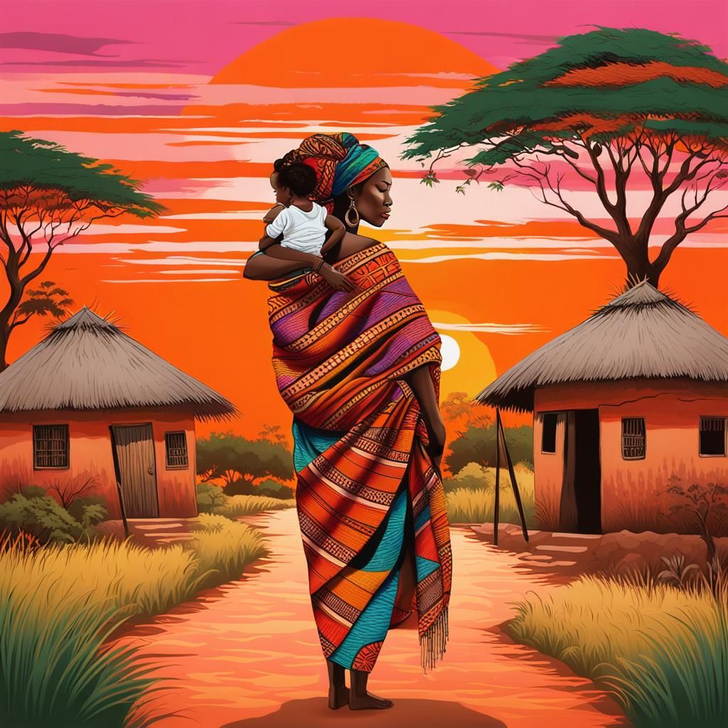 African Woman with Baby in Traditional Village