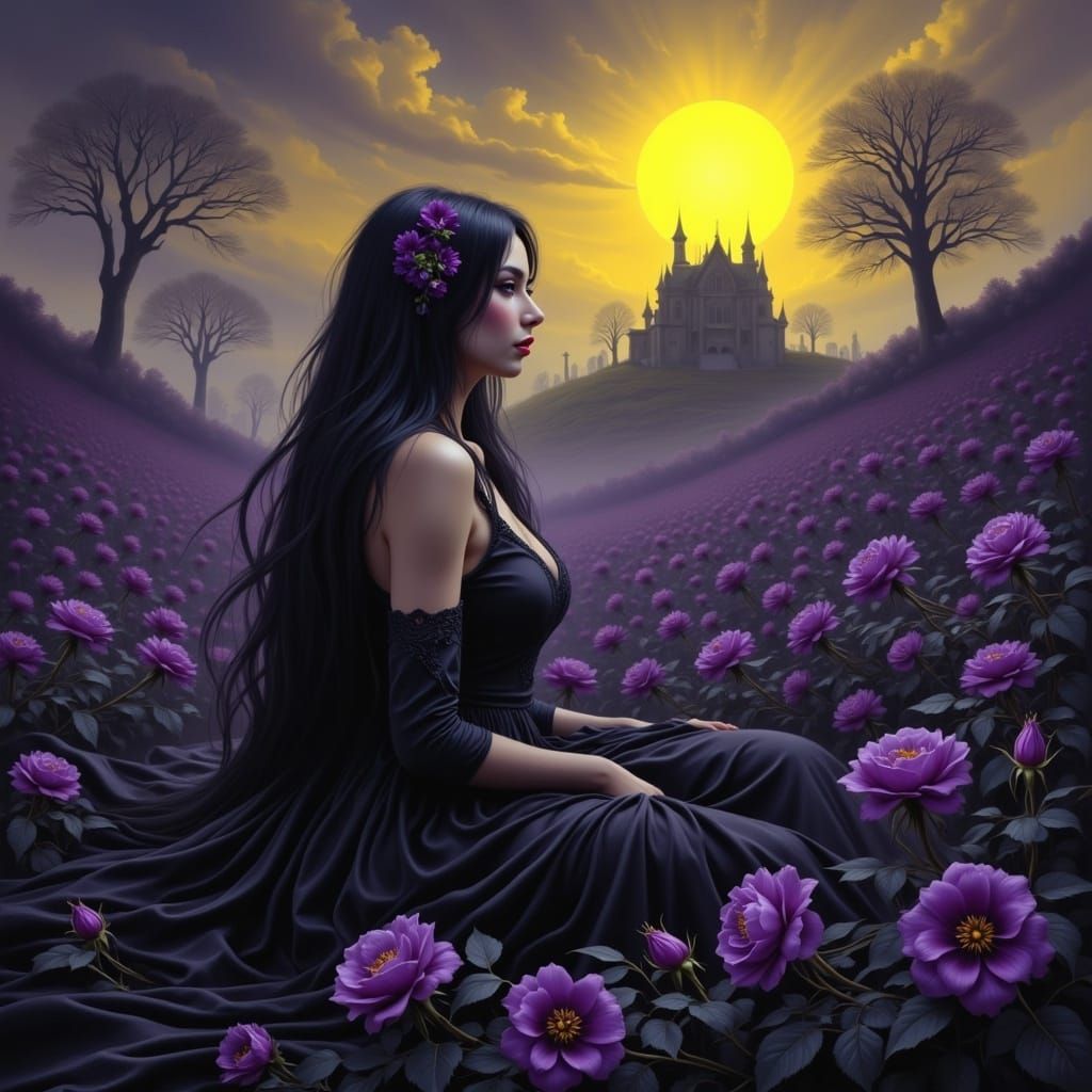 Dark Fantasy Princess in a Field of Black Roses