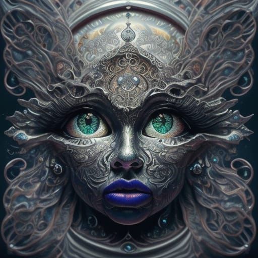 Surreal Eyes with Metallic Interiors and Floating Objects