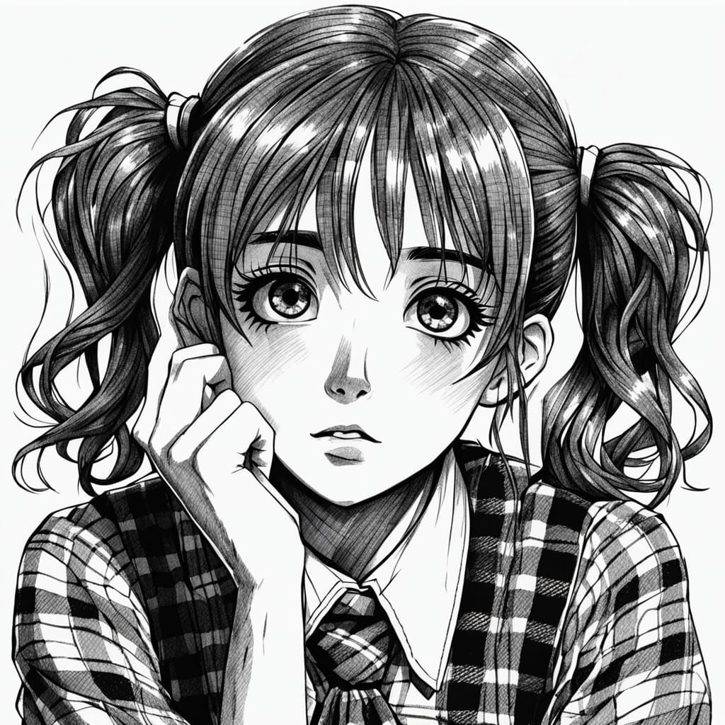 Expressive Manga Schoolgirl Portrait in Black and White