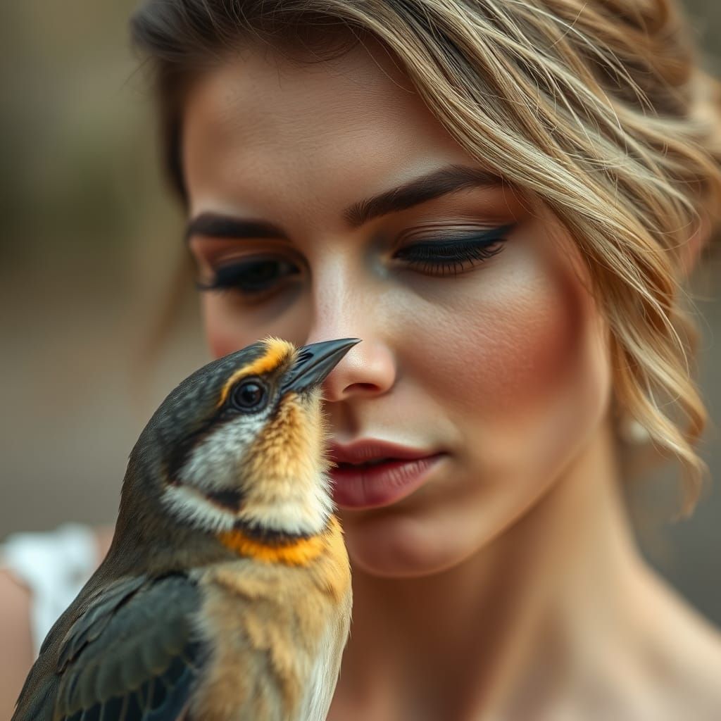 Woman's Gentle Kiss Shared with Bird