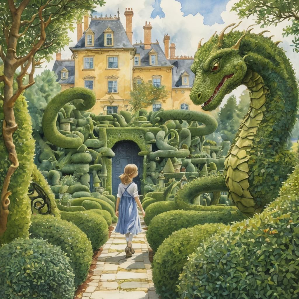 Girl in Dragon Maze, Watercolor Klimt-Inspired Art