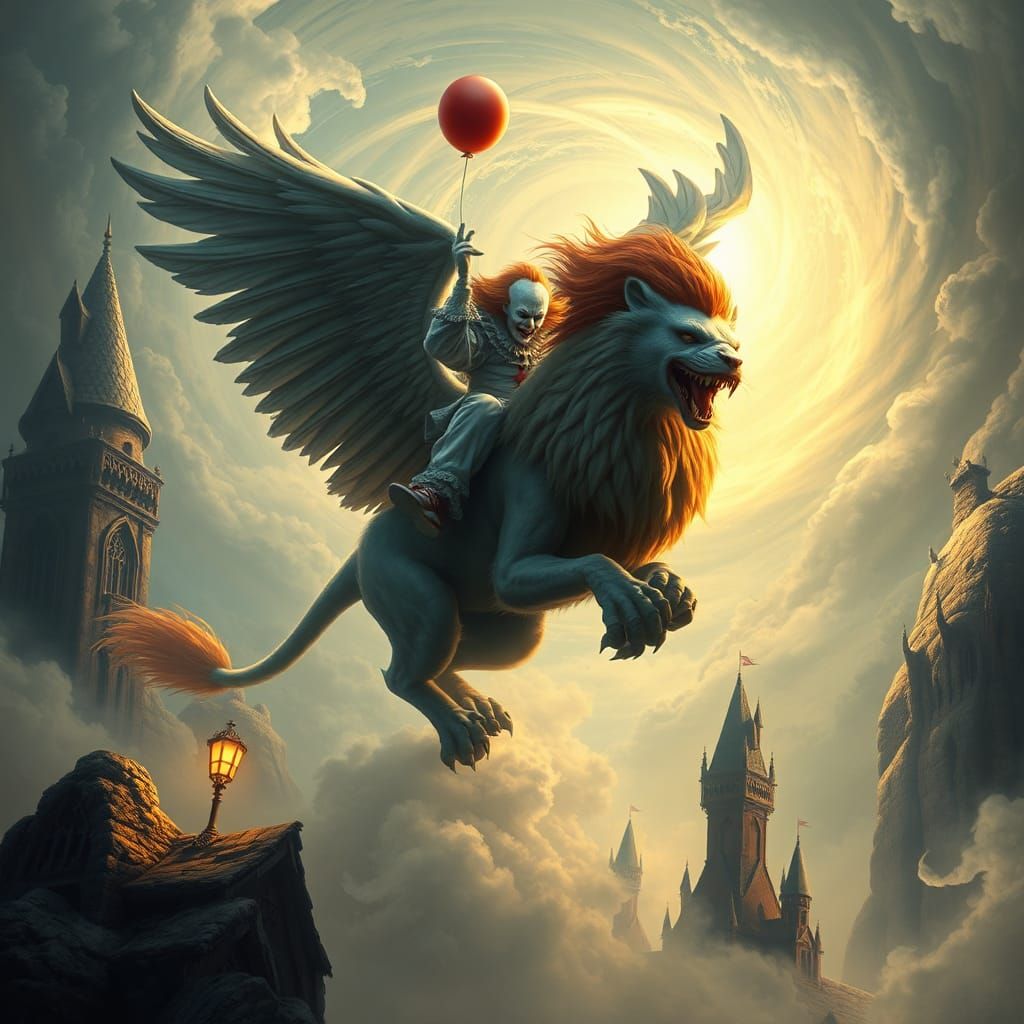 Pennywise on Griffin Soaring in Dreamy Landscape