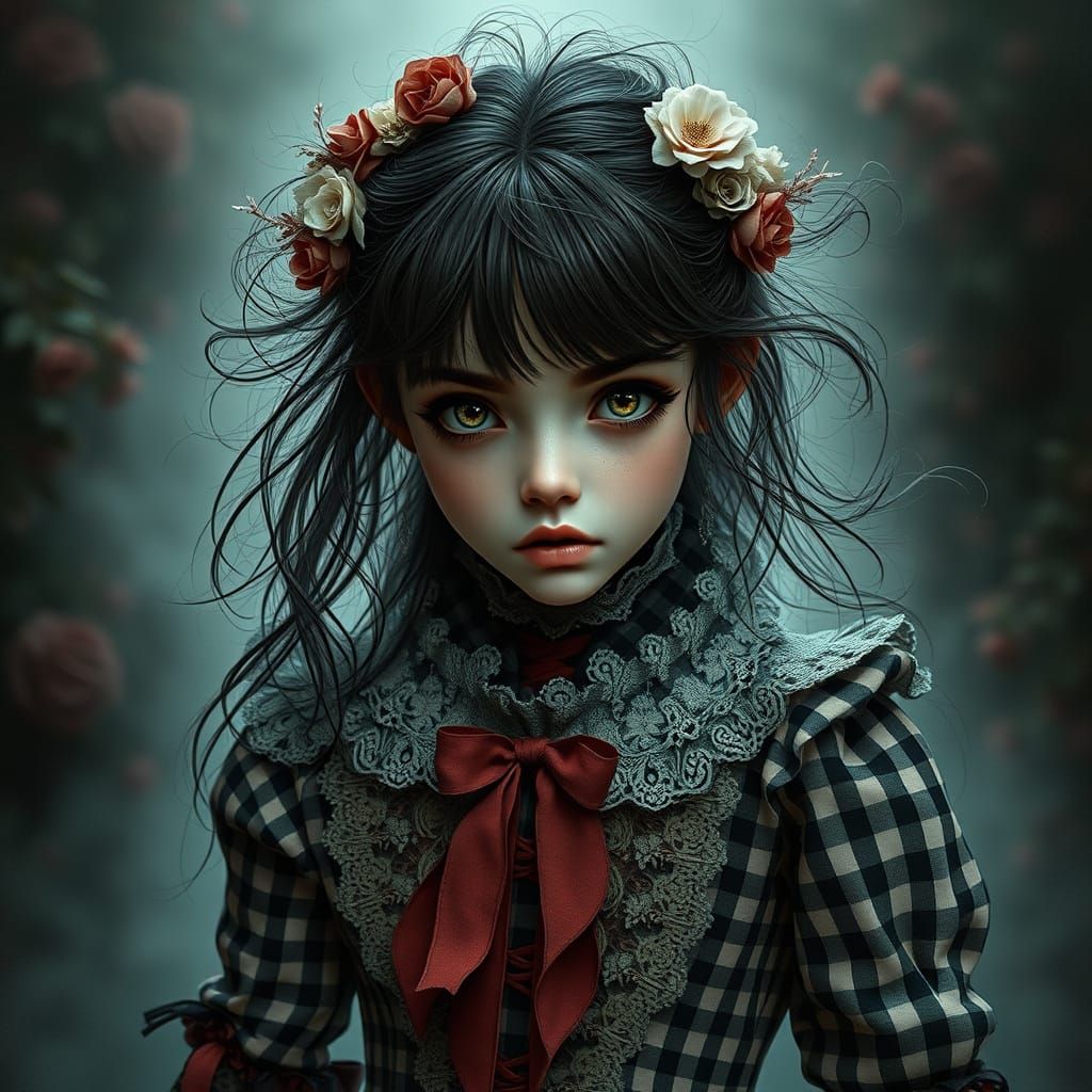 Mysterious Gingham Beauty in Whimsical Digital Art