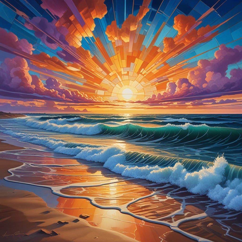 Surreal Seascape with Fractured Glass Shore and Radiant Sun