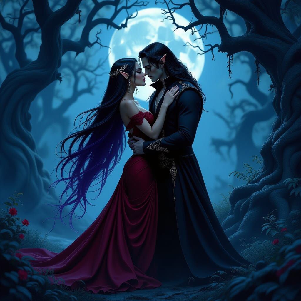Elf and Vampire Embrace in Moonlit Forest