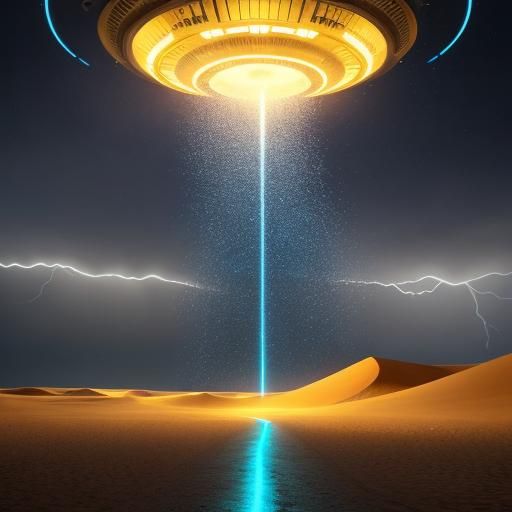 UFO Over Desert Sands in Lightning Storm