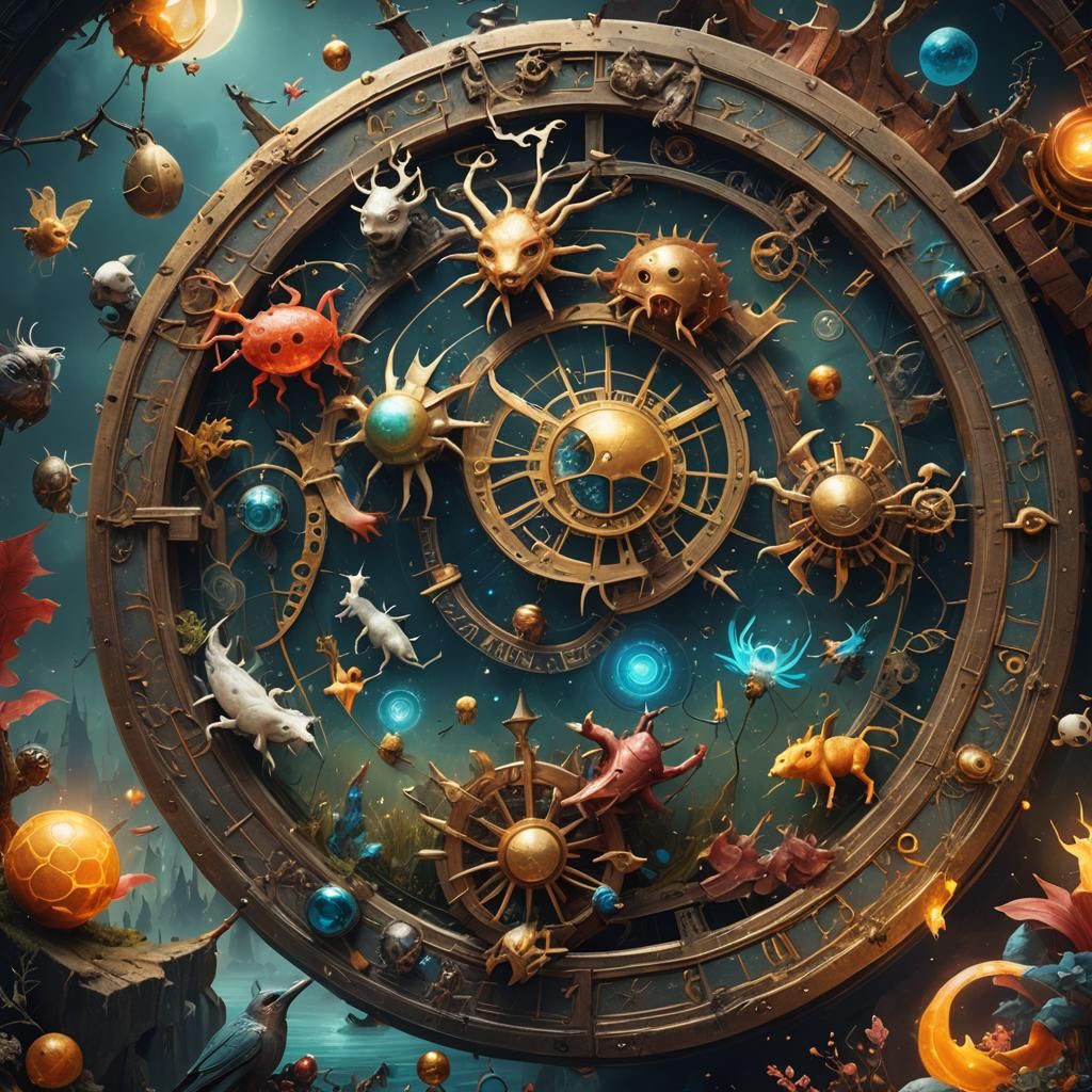 Bosch-Inspired Zodiac Scene with Mythical Creatures
