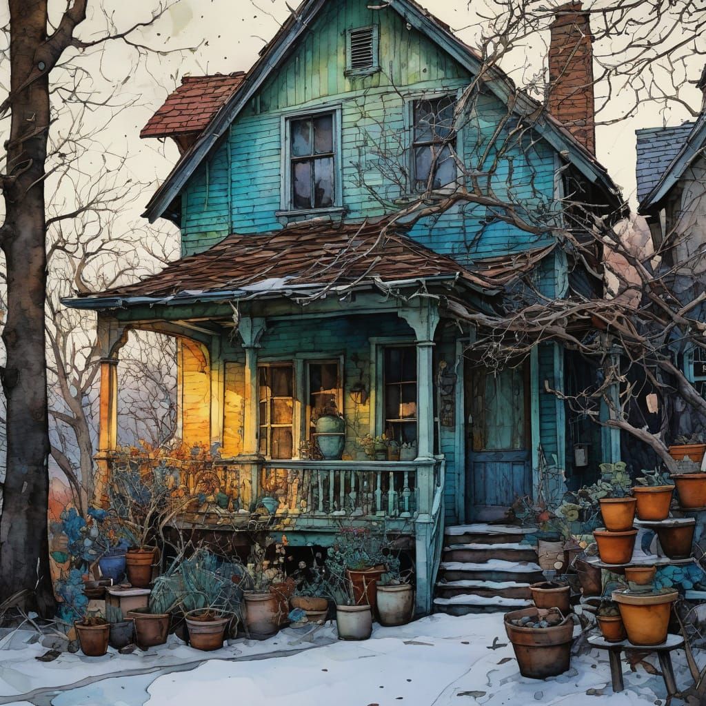 Charming Photorealistic Winter Scene with Abandoned House