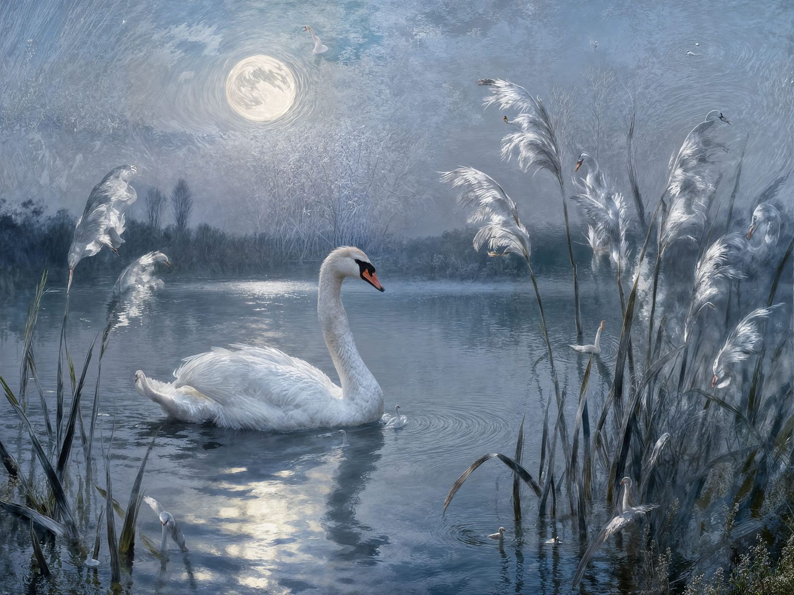 Serene White Swan on Shimmering Moonlight Lake