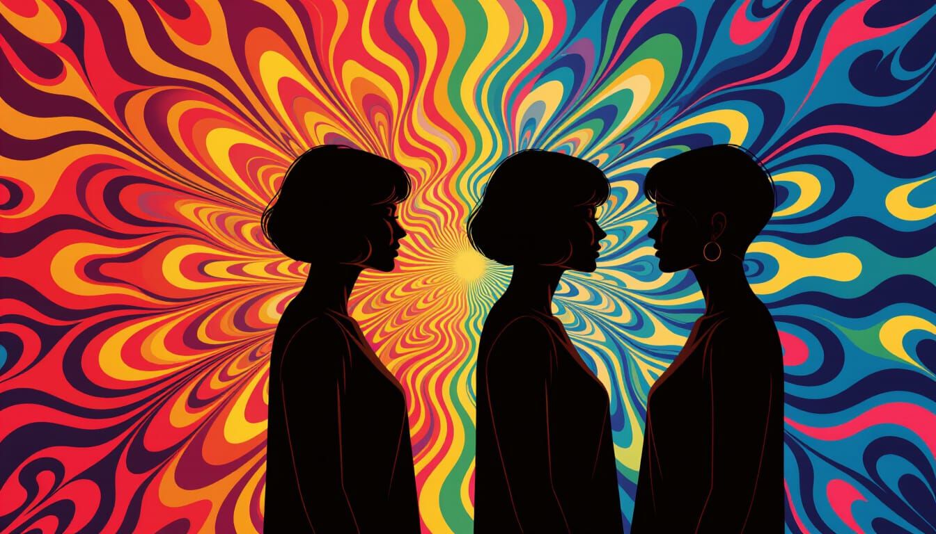 Silhouetted Women in Radiating Abstract Multicolored Design