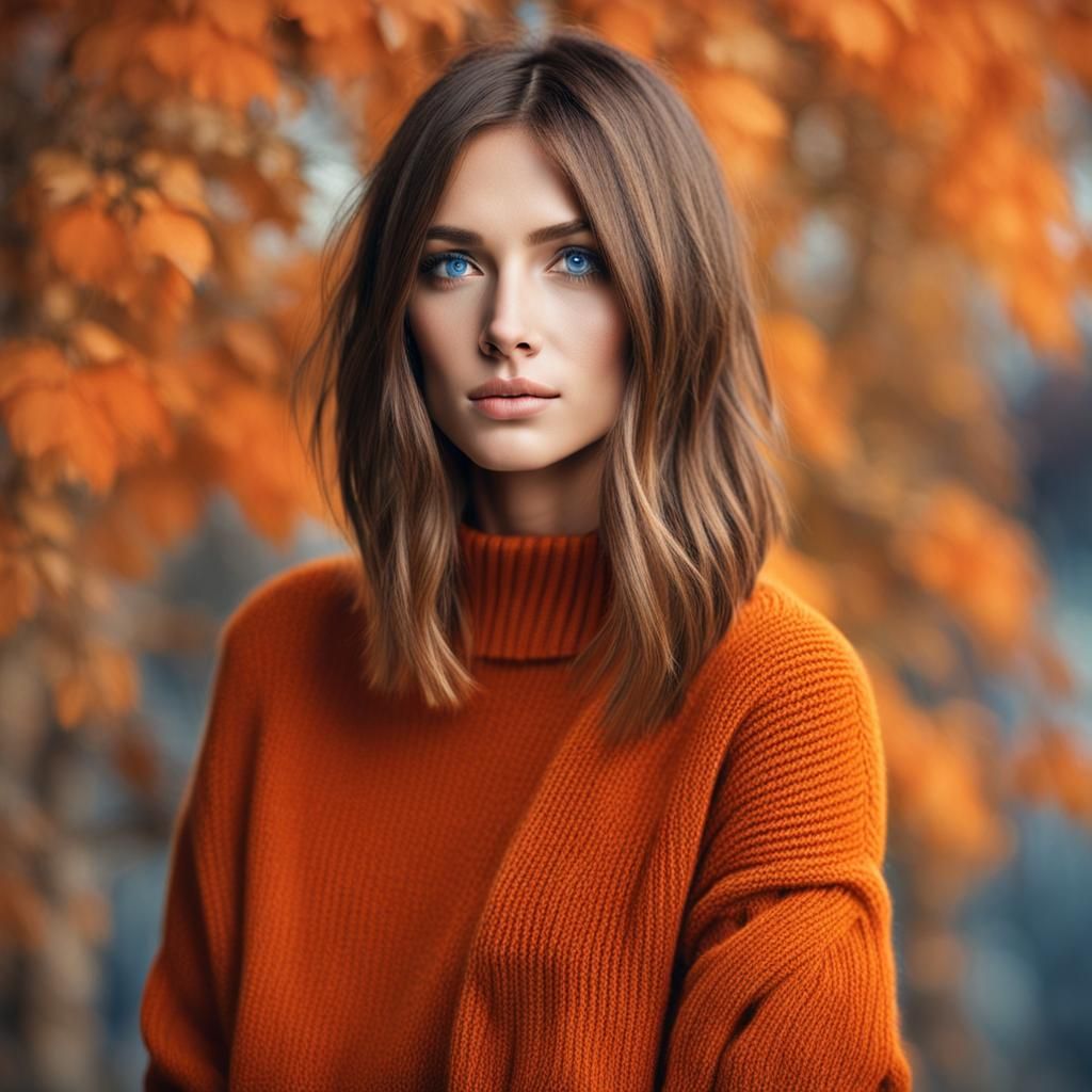 Slender Woman with Bob Haircut and Orange Sweater