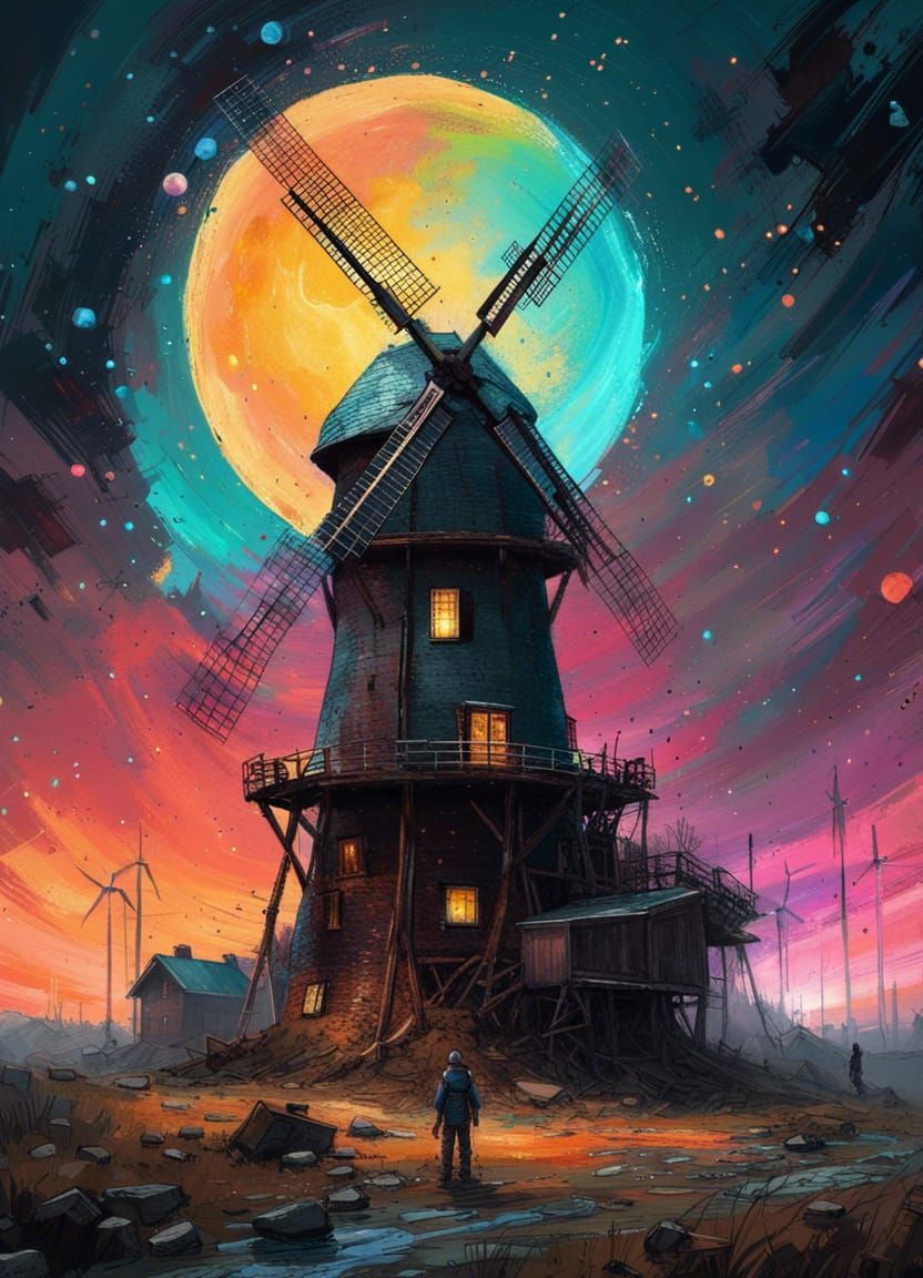 Glowing Moon Over Massive Windmill in Colorful Starry Night