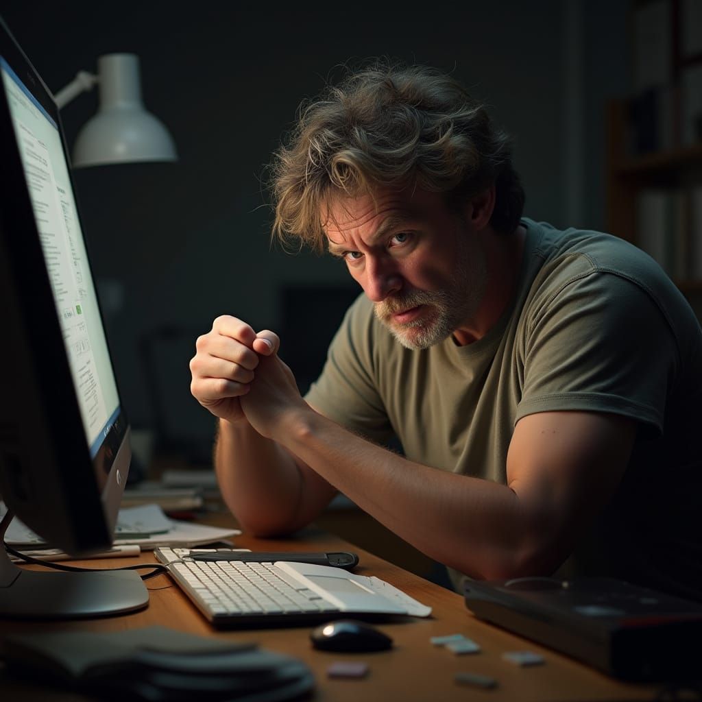 Frustrated Tech Guy Slams Desk in Realistic Detail