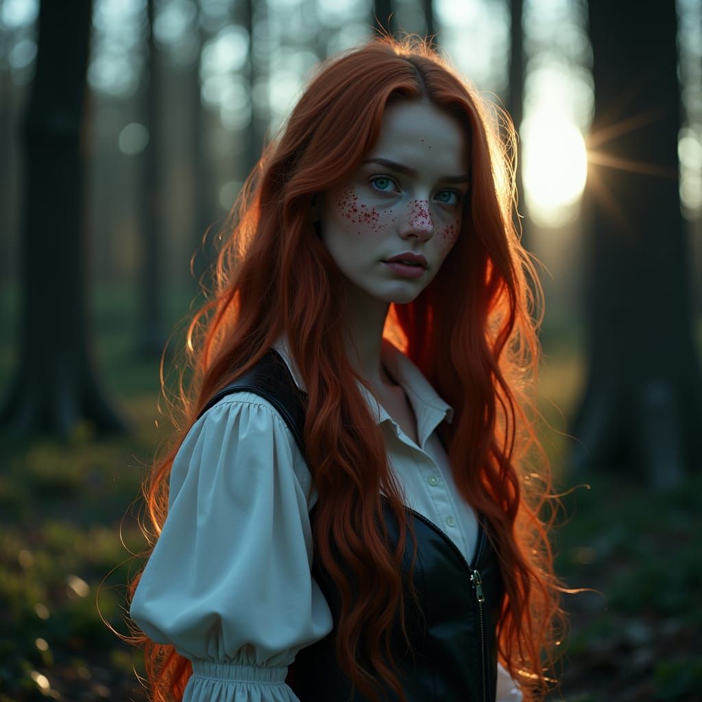 Ethereal Portrait of Redhead in Dark Fantasy Forest