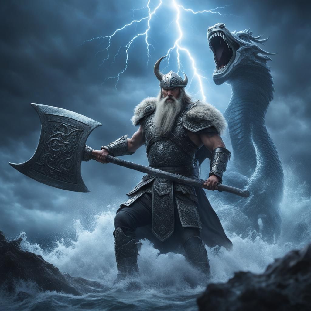 Viking Battles Sea Serpent in Digital Matte Painting